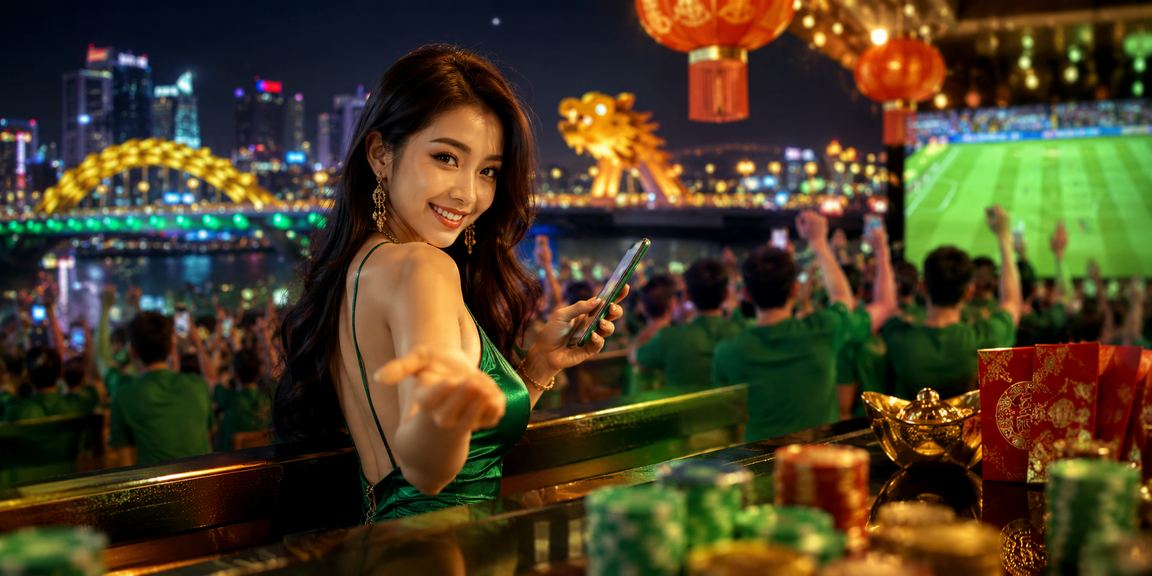 Người dùng tại Đà Nẵng xem kèo thể thao trên điện thoại bên đèn lồng rực rỡ buổi tối